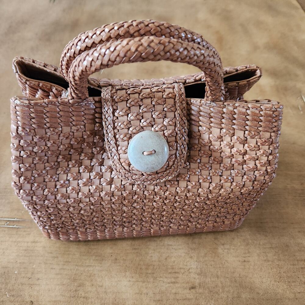 Cem Basket Weave Faux Leather Woven Handbag Carmel Brown Top Handle Boho Chic